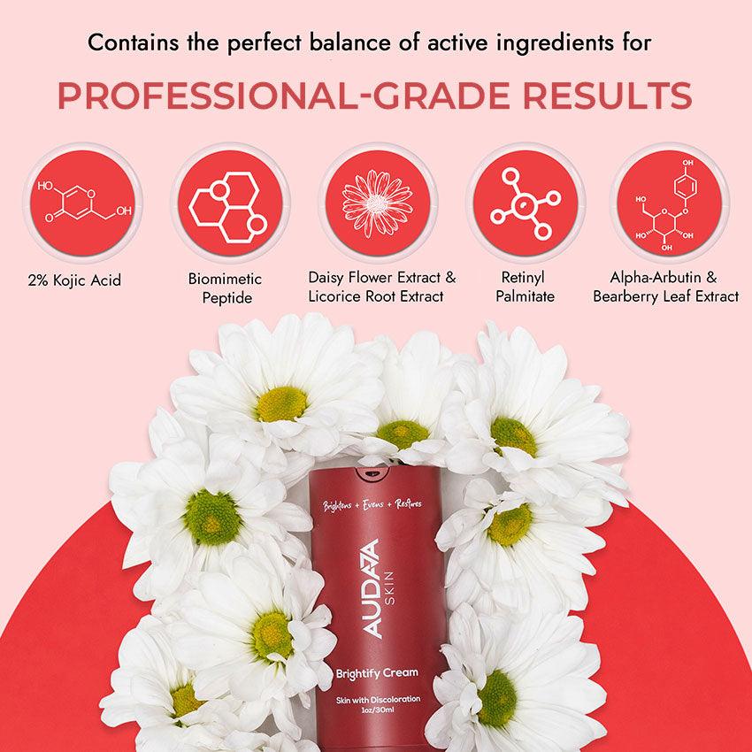 Brightify Cream bottle with active ingredients like kojic acid retinyl palmatite