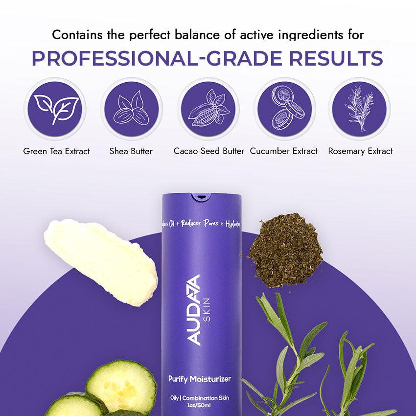 Green tea leaves, cucumber slices, and cocoa butter representing key ingredients